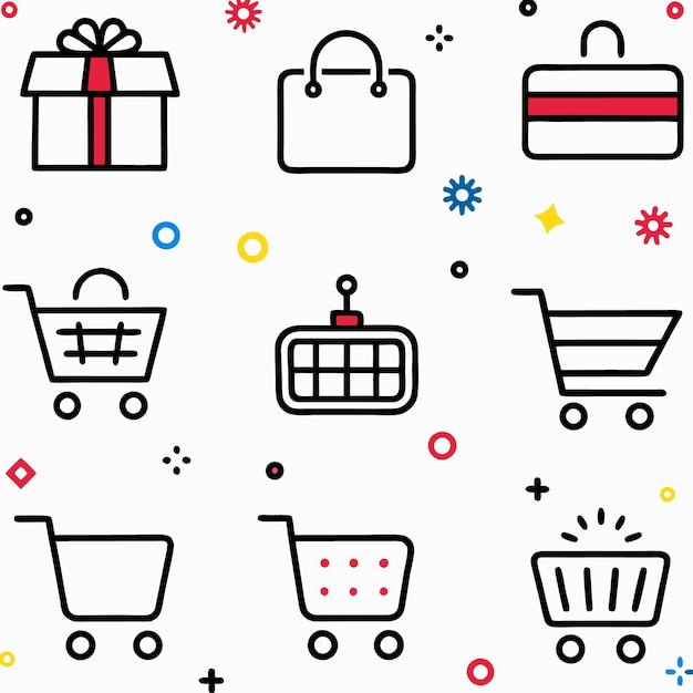 Conjunto de iconos de compras que incluyen caja de regalos, bolsa de compras, carrito de compras de tarjetas de crédito con diferentes variaciones