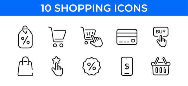 Conjunto de iconos de compras Símbolos de bolsas de la canasta de la tienda Descuento y retroalimentación en línea Comercio electrónico