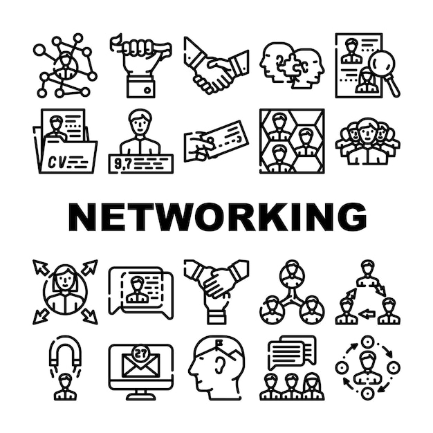 Conjunto de iconos de comunicación global de redes Personas vectoriales Conexión de redes y tarjetas de discusión Intercambio y elección de dirección Clasificación personal e ilustraciones de contorno de trabajo en equipo