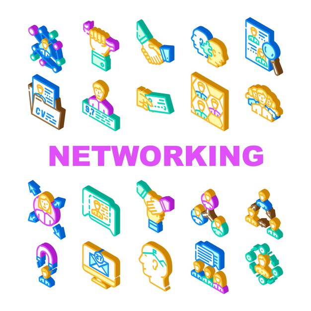 Conjunto de iconos de comunicación global de redes Personas vectoriales Conexión de redes y tarjetas de discusión Intercambio y elección de dirección Clasificación personal y trabajo en equipo Signo isométrico Ilustraciones en color
