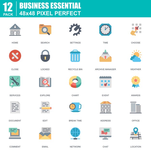 Conjunto de iconos de comunicación y oficina esencial plano empresarial
