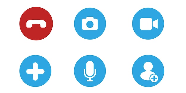 Conjunto de iconos de comunicación que incluyen micrófono de video de llamada y símbolos de adición del usuario en diseños circulares