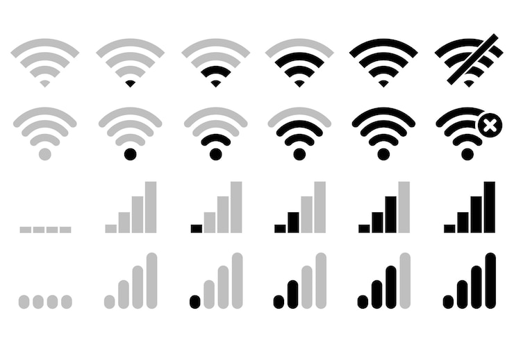 Vector conjunto de iconos de comunicación de red de señal wifi e internet de conexión inalámbrica de baja a alta