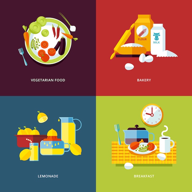 Vector conjunto de iconos de concepto para alimentos y bebidas. iconos para comida vegetariana, panadería, limonada y composiciones para el desayuno.
