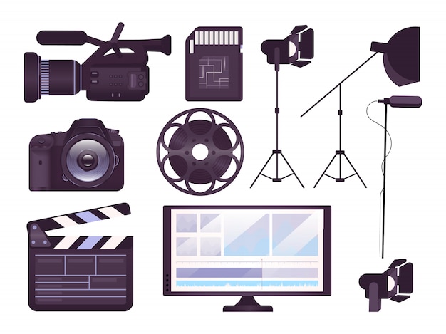 Vector conjunto de iconos de concepto de equipo de producción de video. cámara profesional, tablilla, pegatinas de carrete de película, paquete de imágenes prediseñadas. herramientas de cine. ilustraciones de dibujos animados sobre fondo blanco