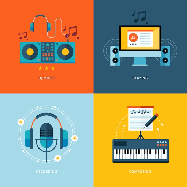 Conjunto de iconos de concepto para la industria de la música. Iconos para música de dj, reproducción, grabación de música, composición de piano.