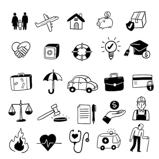 Vector conjunto de iconos de concepto de seguro, estilo de doodle de ilustración de vector de sorteo de mano