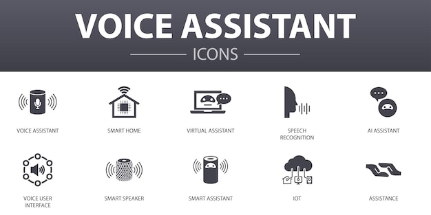 Conjunto de iconos de concepto simple de asistente de voz. contiene iconos como casa inteligente, interfaz de usuario de voz, altavoz inteligente, iot y más, se puede usar para web, logotipo, ui / ux