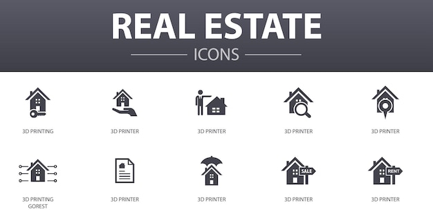 Conjunto de iconos de concepto simple de bienes raíces. Contiene iconos como Propiedad, Agente inmobiliario, ubicación, Propiedad en venta y más, se puede utilizar para web, logotipo, UI / UX