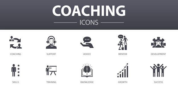 Conjunto de iconos de concepto simple de coaching. Contiene íconos como soporte, mentor, habilidades, capacitación y más, se puede usar para web, logotipo, UI / UX