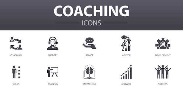 Conjunto de iconos de concepto simple de coaching. contiene íconos como soporte, mentor, habilidades, capacitación y más, se puede usar para web, logotipo, ui / ux