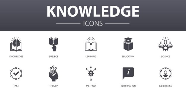 Conjunto de iconos de concepto simple de conocimiento. Contiene íconos como tema, educación, información, experiencia y más, se puede usar para web, logotipo, UI / UX