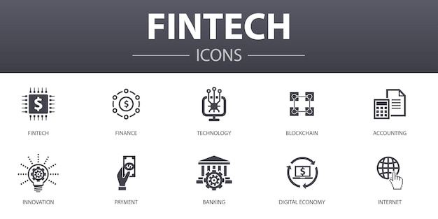 Conjunto de iconos de concepto simple Fintech. Contiene íconos como finanzas, tecnología, blockchain, innovación y más, se puede usar para web, logo, UI / UX
