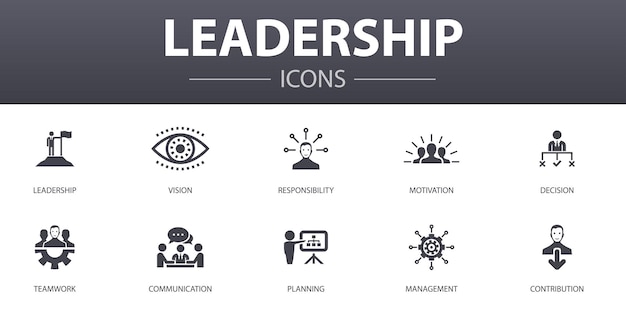 Conjunto de iconos de concepto simple de liderazgo. Contiene íconos como responsabilidad, motivación, comunicación, trabajo en equipo y más, se puede usar para web, logo, UI / UX