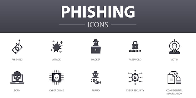 Conjunto de iconos de concepto simple de phishing. Contiene iconos como ataque, pirata informático, delito cibernético, fraude y más, se puede utilizar para web, logotipo, UI / UX