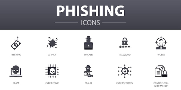 Conjunto de iconos de concepto simple de phishing. contiene iconos como ataque, pirata informático, delito cibernético, fraude y más, se puede utilizar para web, logotipo, ui / ux