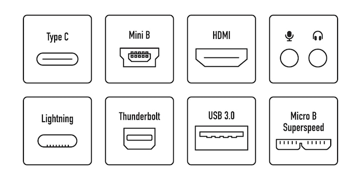 Vector un conjunto de iconos con conectores tipo c mini b hdmi micrófono de audio auriculares lightning thunderbolt usb 30 micro b superspeed