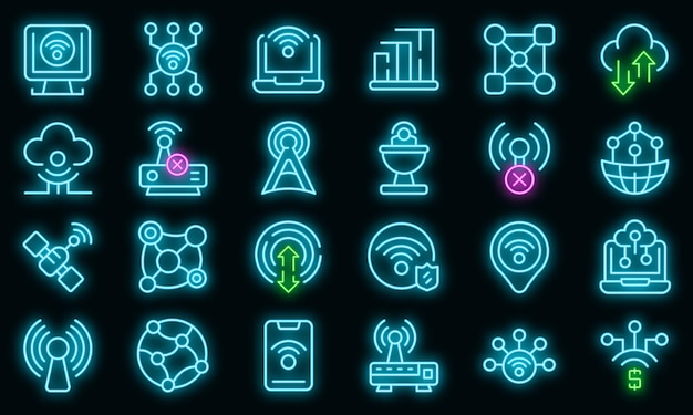 Conjunto de iconos de conexión a Internet. Esquema conjunto de iconos de vector de conexión a internet color neón en negro