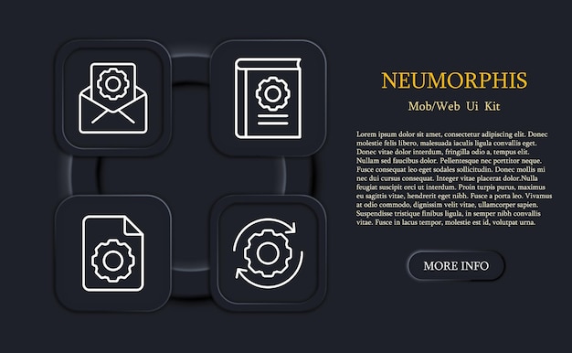 Conjunto de iconos de configuración configuración de brillo configuración de la lista negra de correo configuración del libro navegación manual concepto de configuración estilo de neomorfismo icono de línea vectorial para empresas