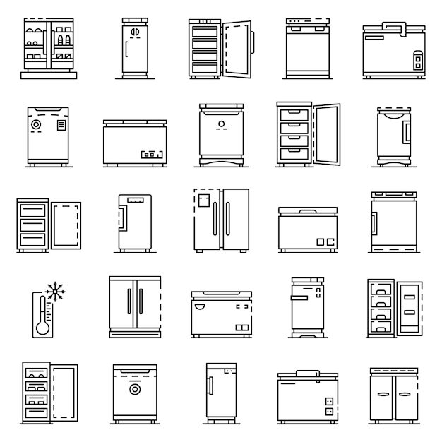 Conjunto de iconos de congelador. conjunto de esquema de icono de vector de congelador