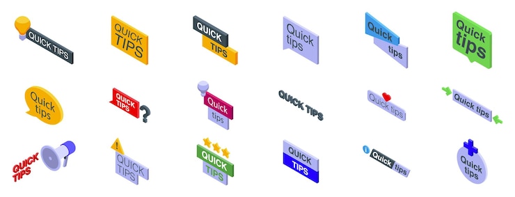 Vector conjunto de iconos de consejos rápidos conjunto de banners de consejos rápidamente con iconos isométricos en varios estilos