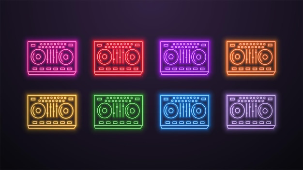Vector un conjunto de iconos de la consola de dj led brillantes de neón en diferentes colores en un fondo oscuro logotipo en la música del tema