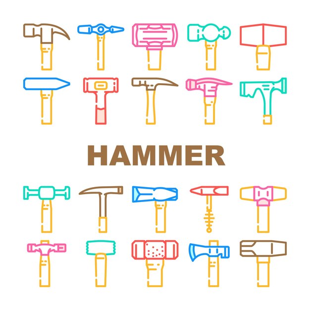 Conjunto de iconos de construcción de herramienta de martillo carpintería de vector equipo de madera trabajo reparación de metal mazo carpintero corte herramienta de martillo de mano construcción ilustraciones de línea de color