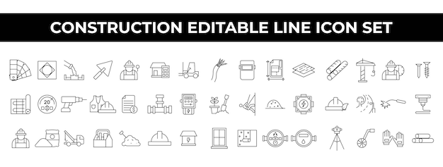 Conjunto de iconos de construcción con iconos de líneas editables de herramientas, equipos y materiales de construcción