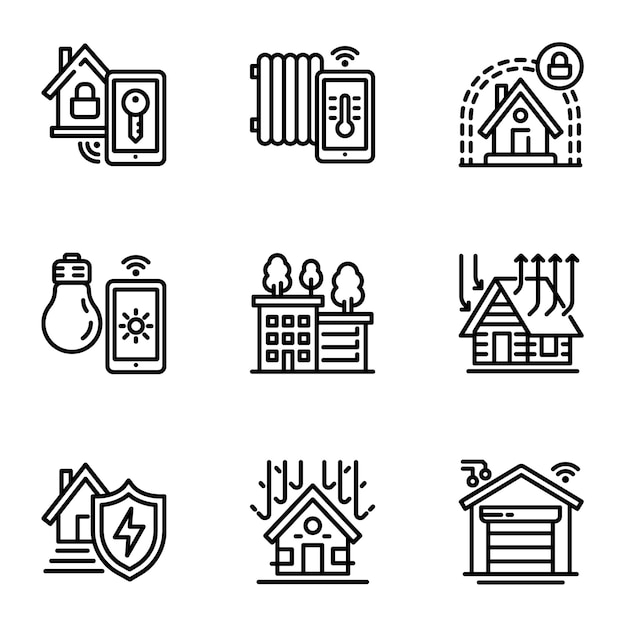 Conjunto de iconos de construcción inteligente. Esquema conjunto de 9 iconos de edificios inteligentes