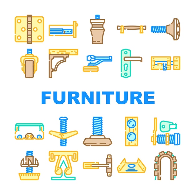 Conjunto de iconos de construcción de montaje de muebles vector casa casa reparación carpintero herramienta madera hardware carpintería equipo perno muebles montaje construcción línea de color ilustraciones