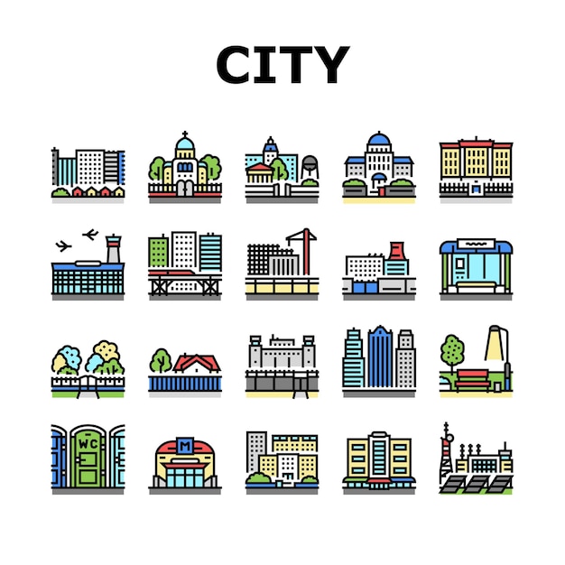 Conjunto de iconos de construcción y paisaje de la ciudad vector