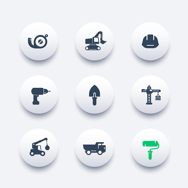 Conjunto de iconos de construcción, paleta, taladro, rodillo de pintura, excavadora, camión pesado, grúa, cinta métrica, ilustración vectorial