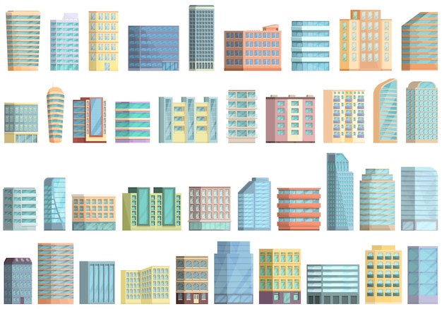 Conjunto de iconos de construcción de varios pisos vector de dibujos animados. arquitectura de interiores