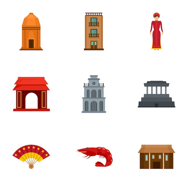 Conjunto de iconos de construcción de Vietnam, estilo plano