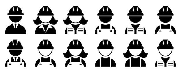 Conjunto de íconos de constructores Trabajadores profesionales Hombre y mujer en cascos de seguridad Conjun to de ícones de ingenieros