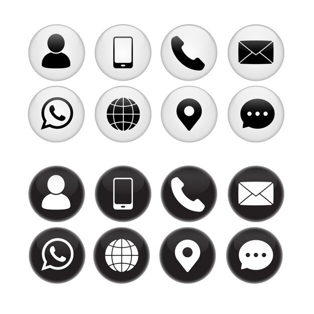 Conjunto de iconos de contacto en blanco y negro en botones esféricos