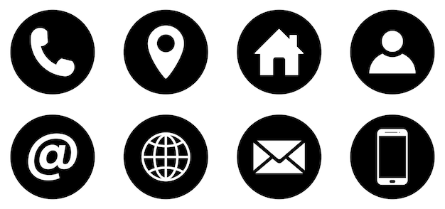 Conjunto de iconos de contacto y comunicación en estilo de círculo plano Iconos de información de contacto para tarjetas de visita Incluye mapa de casa globo pin en símbolo teléfono y correo electrónico Ilustración vectorial