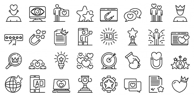 Conjunto de iconos de contenido atractivo, estilo de contorno