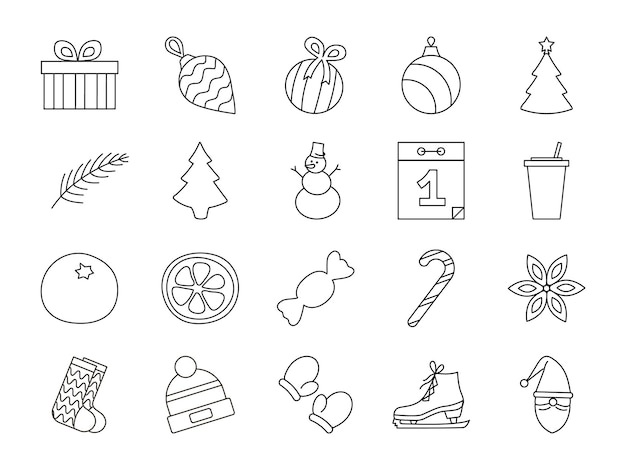 Conjunto de iconos de contorno de año nuevo Entretenimiento de invierno y ropa Adornos navideños alimentos y artículos