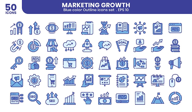 Conjunto de iconos de contorno de color azul para el crecimiento del marketing