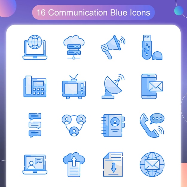 Conjunto de iconos de contorno de color azul vectorial de comunicación 02