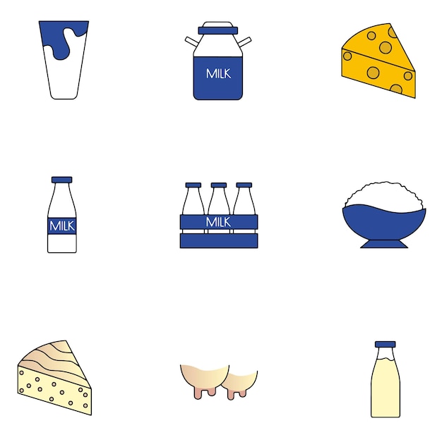 Conjunto de iconos de contorno de color de productos lácteos. leche, lata de leche, queso, kéfir, requesón