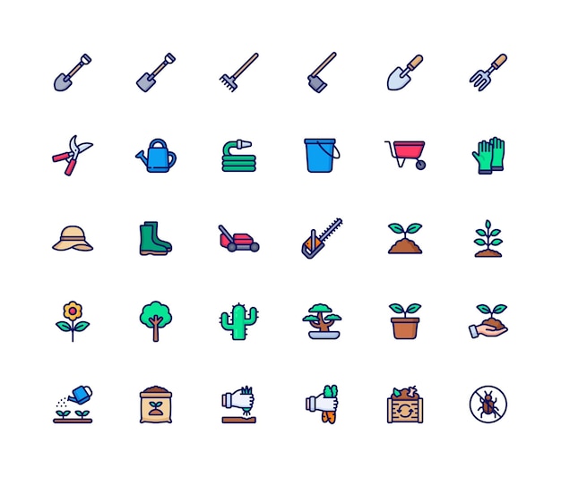 Conjunto de iconos de contorno de colores para jardinería