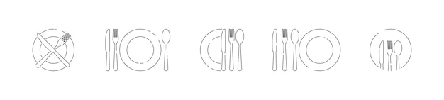 Conjunto de iconos de contorno de cubiertos Tenedor cuchara cuchillo y plato Logotipo para restaurante café, etc. Vector EPS 10