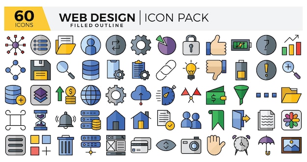 Conjunto de iconos de contorno lleno de diseño web Las colecciones incluyen para el diseño de aplicaciones de diseño web