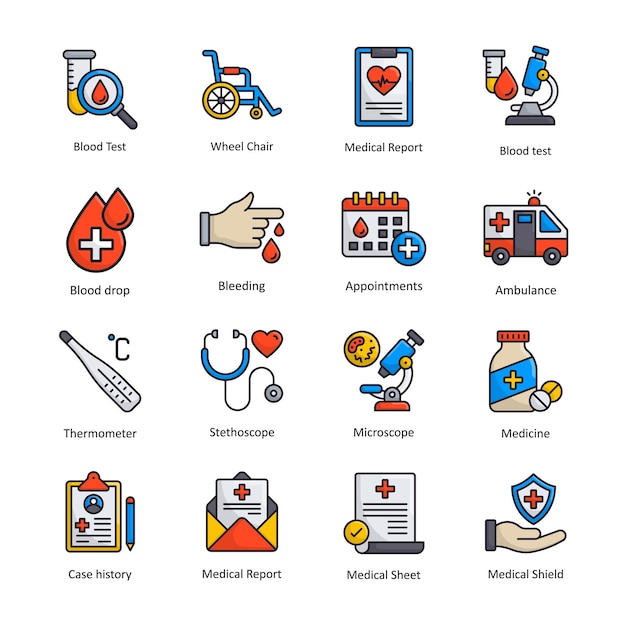 Conjunto de iconos de contorno lleno de vector médico 2