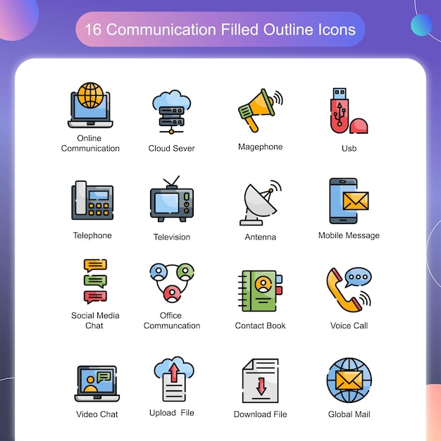 Conjunto de iconos de contorno lleno de vectores de comunicación 03