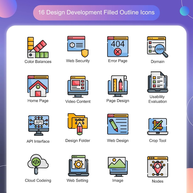 Conjunto de iconos de contorno lleno de vectores de desarrollo de diseño 03