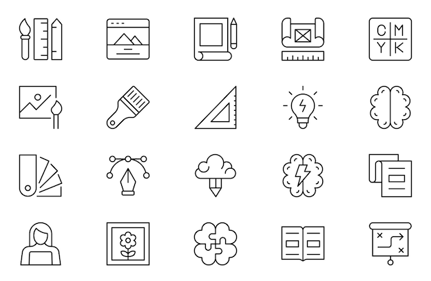 Conjunto de iconos de contorno de pensamiento de diseño conjunto de icones de estilo de arte de línea conjunto de iconos web lineales finos minimalistas