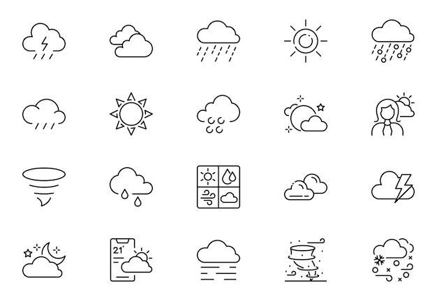 Conjunto de iconos de contorno relacionados con el clima Colección de iconos lineales Ilustración vectorial de trazo editable
